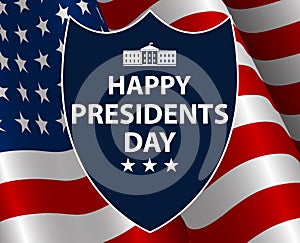 Happy Presidents Day in USA Background. Presidents Shield silhouette with flag as background.