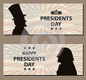 Happy Presidents Day Vintage banner. George Washington and Abraham Lincoln silhouettes with flag as background.