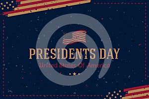 Happy Presidents day. Vintage greeting card with USA flag on background with texture. National American holiday event. Flat vector