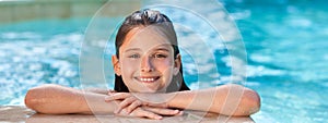 Happy Pretty Girl Child Smiling In Swimming Pool Panorama