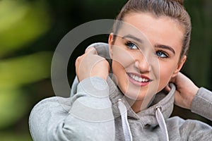Happy Pretty Teenage Girl Young Woman Wearing Hoody photo