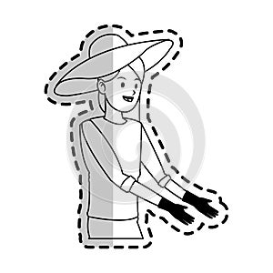 Happy pretty woman with big sun hat and gardening gloves icon i