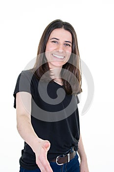 Happy pretty young woman handshake holding out girl hand