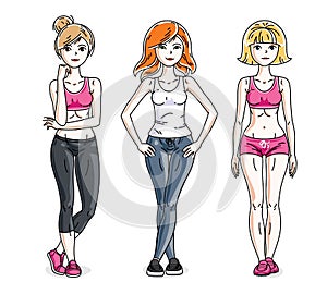 Happy pretty young women standing wearing stylish sport clothes. Vector diversity people illustrations set. Lifestyle theme fem