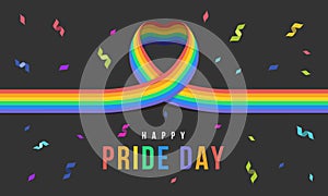 Happy pride day banner with rianbow heart ribbon sign and Ribbon Fireworks vector design