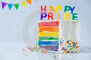 Happy pride day - rainbow layered cake with candles. Tolerance and equality for lgbt community, same sex marriage