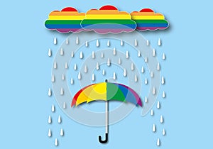 Happy Pride Day with rainbow umbrella and heavy rain on a blue background, concept of LGBT pride or LGBTQ people.