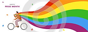 Happy Pride Month Celebration Banner Design With Cartoon Man Riding Bicycle And Holded Rainbow Flag On White