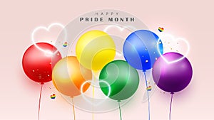 Happy pride month with colorful balloons in red, orange, yellow, green, blue, purple, and decorative festive objects heart light.