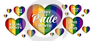 Happy Pride month, Love wins, Love is love, Equal right and Proud ally text in rainbow pride hearts vector design photo