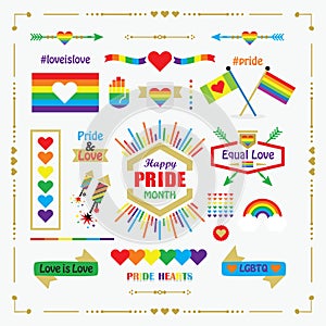 Happy Pride Month rainbow flags, icons, emblems, and design elements set on white