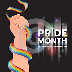 Happy Pride month, support everyone oppress no one - text and rainbow pride ribbon hands holding around on dark background vector