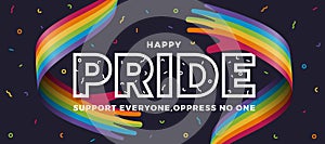 Happy Pride month, support everyone oppress no one - text on waving rainbow LGBTQ pride flags texture background vector design