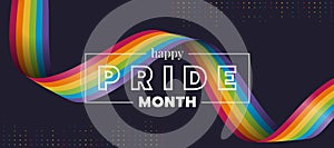 Happy Pride month text and rainbow pride ribbon roll wave on circle dot texture and dark background vector design