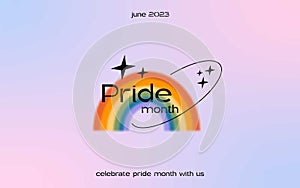 Happy pride month web banner design. Gradient mesh background with LGBTQ rainbow flag colored heart. Queer celebration