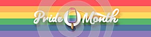 Happy pride month wide horizontal banner with pride color flag ice cream isolated on rainbow background. LGBT Pride