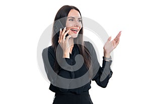 Happy professional business woman businesswoman director talking on business mobile phone