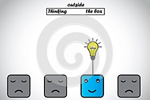 Happy professional thinking outside the box gets lightbulb idea