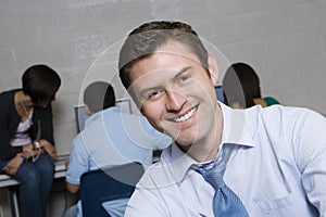 Happy Professor In Computer Lab