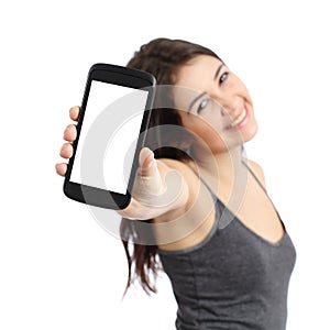 Happy promoter girl showing a blank smart phone screen photo