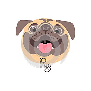 Happy pug. Portrait of a cheerful dog in cartoon style