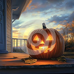 Happy Pumpkin with a Candle Inside, Glowing Jack-O\'-Lantern photo