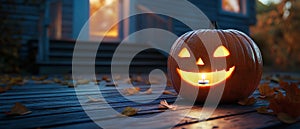 Happy Pumpkin with a Candle Inside, Glowing Jack-O\'-Lantern photo