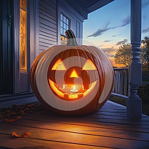Happy Pumpkin with a Candle Inside, Glowing Jack-O\'-Lantern photo