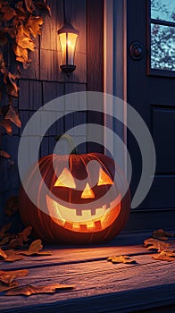 Happy Pumpkin with a Candle Inside, Glowing Jack-O\'-Lantern photo