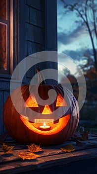 Happy Pumpkin with a Candle Inside, Glowing Jack-O\'-Lantern photo