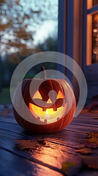 Happy Pumpkin with a Candle Inside, Glowing Jack-O\'-Lantern photo