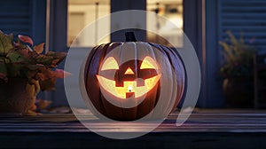 Happy Pumpkin with a Candle Inside, Glowing Jack-O\'-Lantern photo