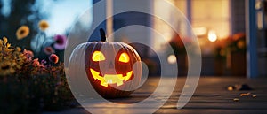 Happy Pumpkin with a Candle Inside, Glowing Jack-O\'-Lantern photo