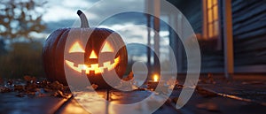 Happy Pumpkin with a Candle Inside, Glowing Jack-O\'-Lantern photo