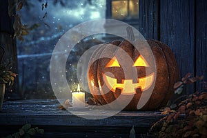 Happy Pumpkin with a Candle Inside, Glowing Jack-O\'-Lantern photo