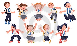 Happy Pupils in Uniform with Tie and Backpack Jumping with Joy Excited About Back to School Vector Set