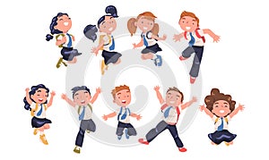 Happy Pupils in Uniform with Tie and Backpack Jumping with Joy Excited About Back to School Vector Set