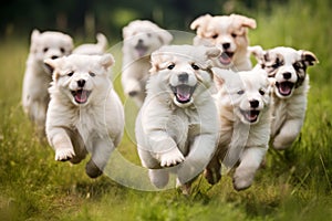 Happy puppies are running on the green grass in the field.