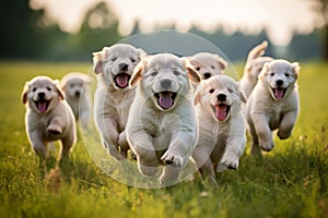 Happy puppies are running on the green grass in the field.
