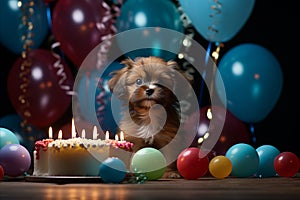 Happy puppy with birthday cake and candles on blurred background, perfect for text placement.