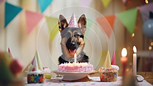 Happy puppy celebrates birthday. German shepherd wearing a paper hat is sitting at a table near a cake. A greeting card