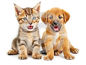 Happy puppy dog and cat on isolated white background