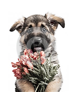 Happy puppy dog holding a bouquet of pink flowers for Mothers day or birthday present.