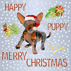 Happy puppy dog Santa Merry Christmas and New yar and lettering and snow  vintage vector illustration editable hand draw