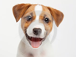 Happy puppy dog smiling on isolated white background