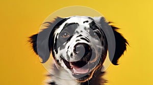 Happy puppy dog smiling on isolated yellow background. Adorable Dalmatian dog