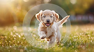 happy puppy energetically chasing its tail in the grass, embodying playful and lively dog behavior