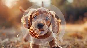 playful puppy, happy puppy with floppy ears carrying a squeaky toy in its mouth, playful and joyful in their antics photo