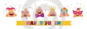 Happy Purim banner with funny hamantashen - invitation - greeting - vector