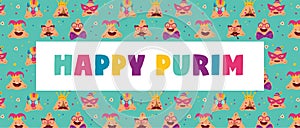 Happy Purim banner with funny hamantashen - invitation - greeting - vector